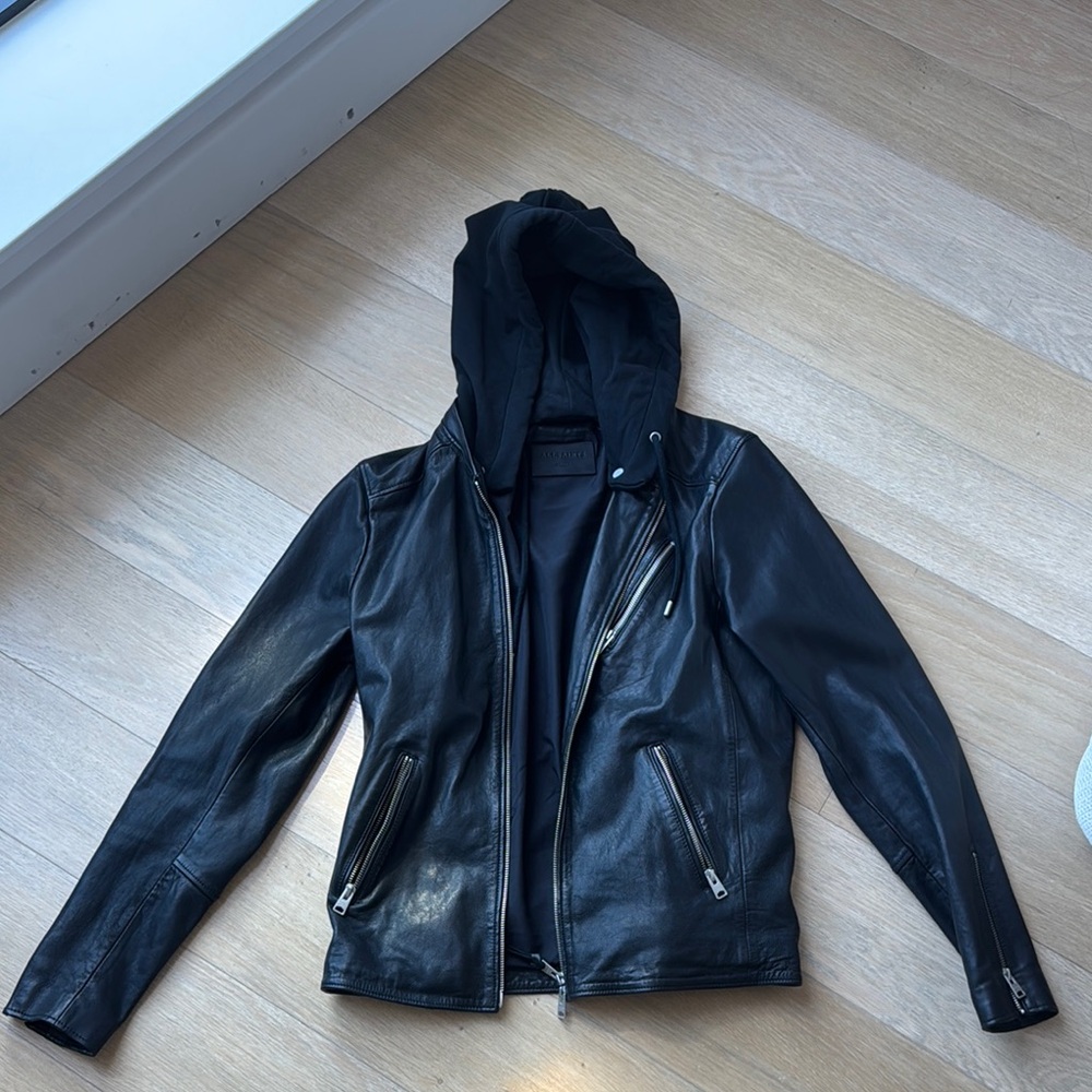 All Saints Black Leather Hooded Jacket